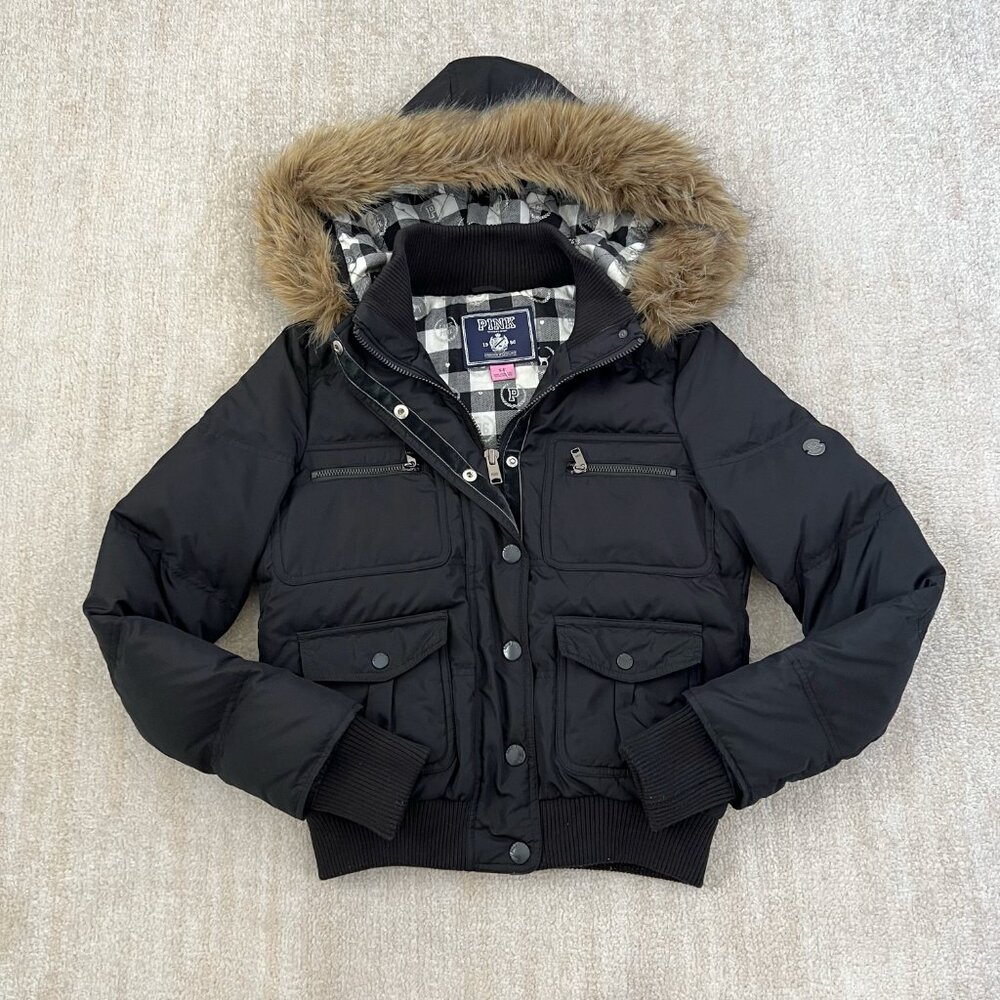PINK Victoria’s Secret Y2K 2009 Zip Up Faux Fur Trim Puffer Bomber Coat S Black